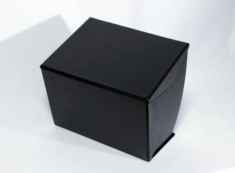 Black laptop sun hood folded flat showing PU outer and light-absorbing velvet inner lining