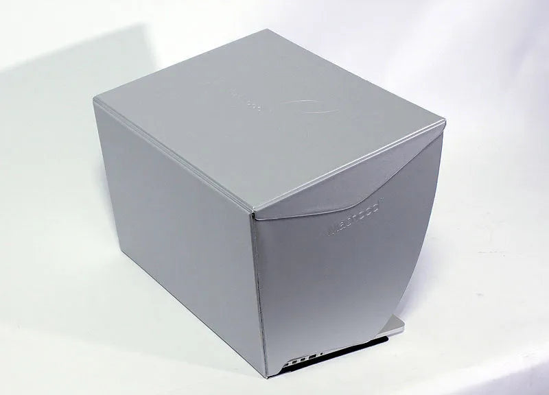 Black laptop sun hood folded flat showing PU outer and light-absorbing velvet inner lining