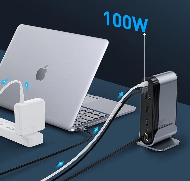Deep space grey 16-in-1 multi-function USB-C docking station with external power supply on a desk.