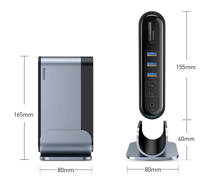Deep space grey 16-in-1 multi-function USB-C docking station with external power supply on a desk.