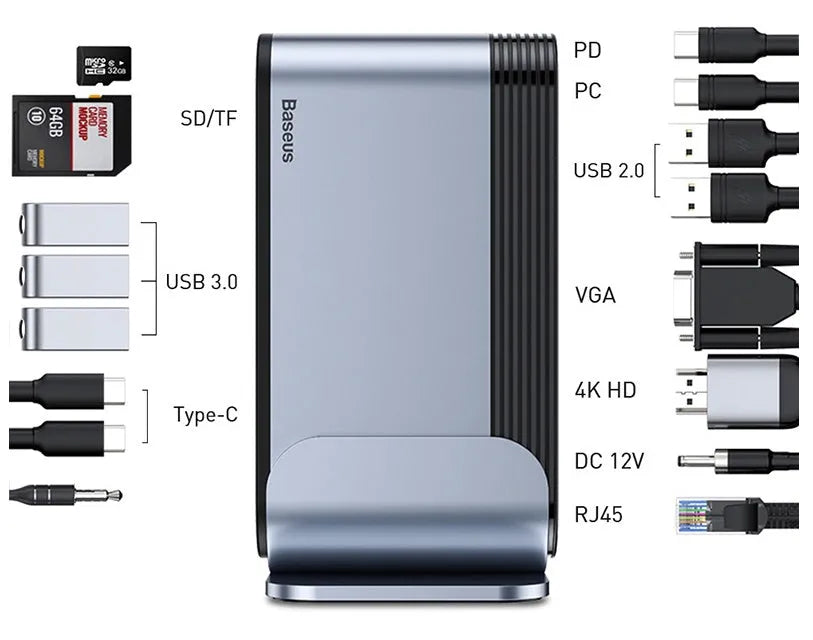 Deep space grey 16-in-1 multi-function USB-C docking station with external power supply on a desk.