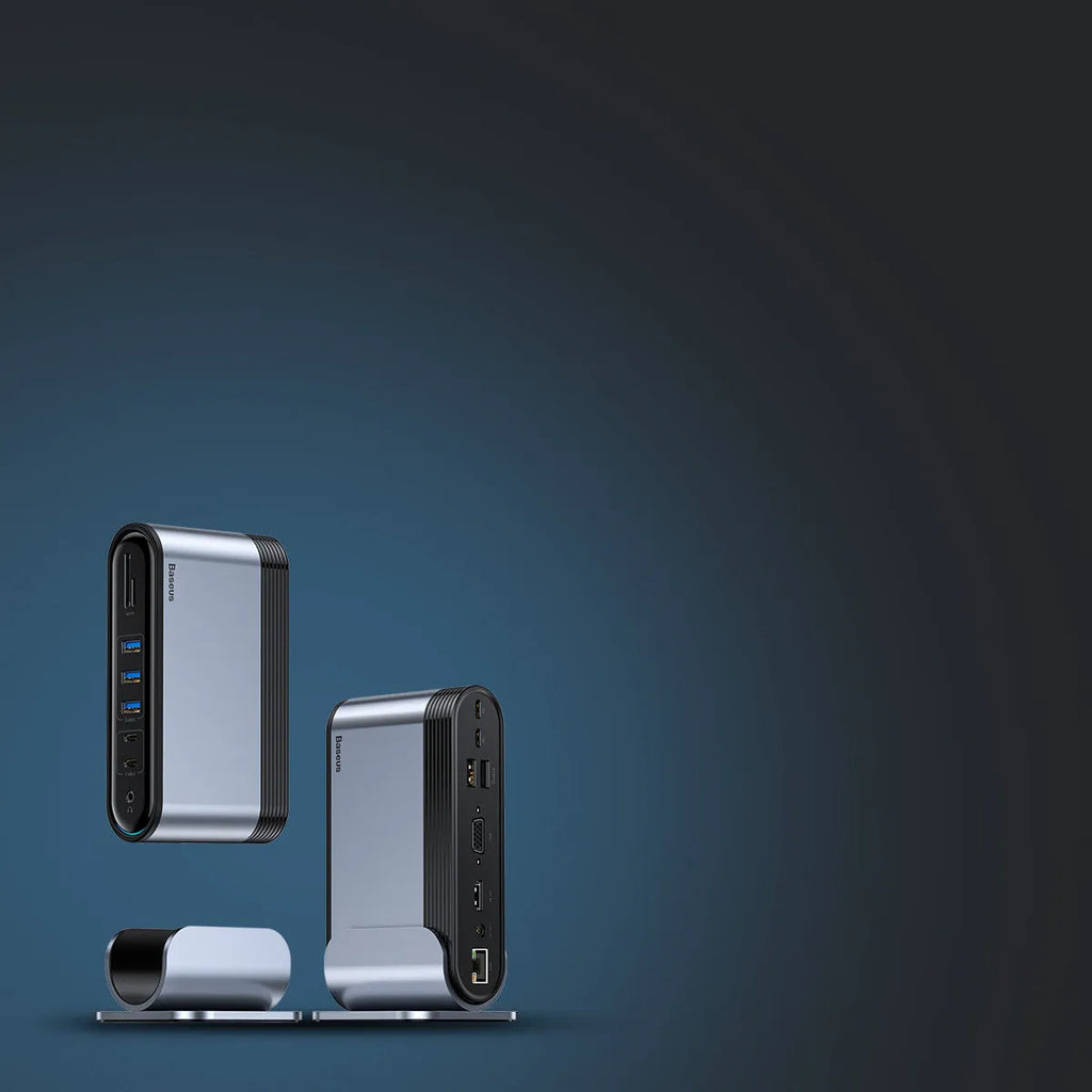 Deep space grey 16-in-1 multi-function USB-C docking station with external power supply on a desk.