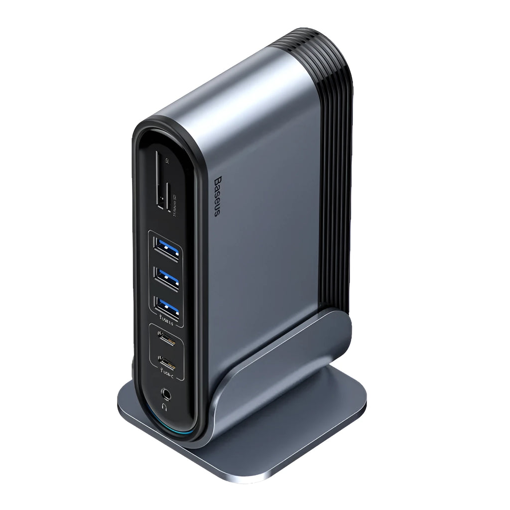 Deep space grey 16-in-1 multi-function USB-C docking station with external power supply on a desk.