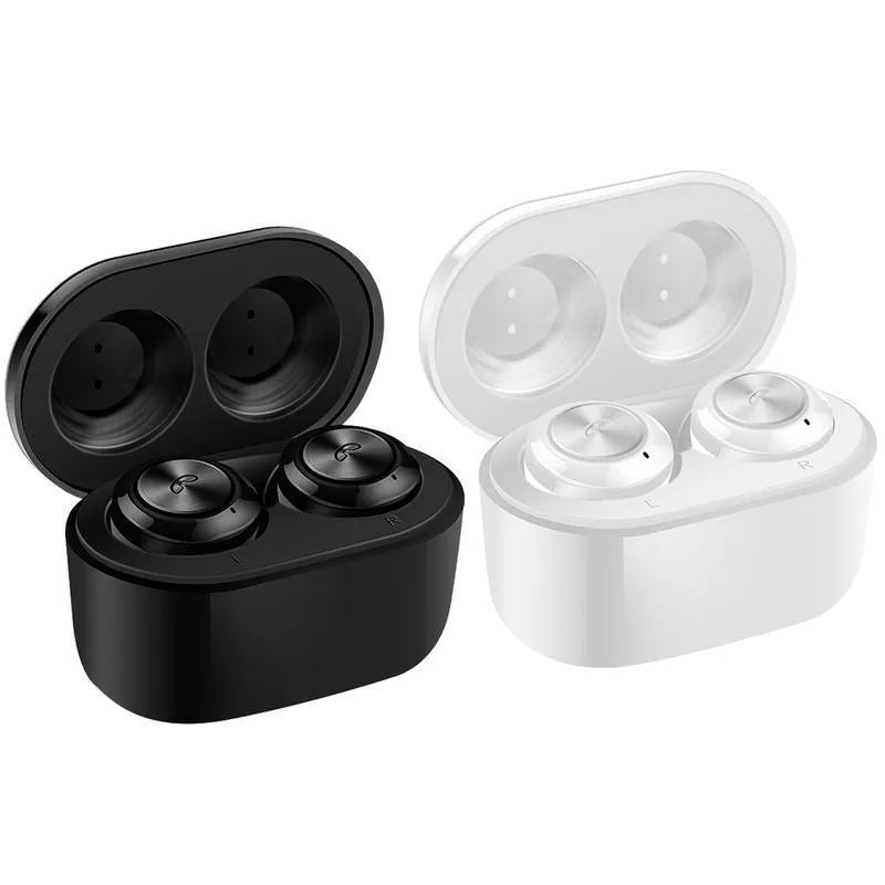 Black and white A6 TWS Bluetooth headphones with active noise cancelling.