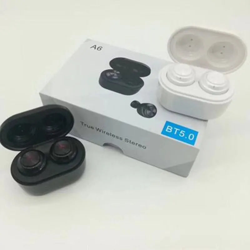Black and white A6 TWS Bluetooth headphones with active noise cancelling.