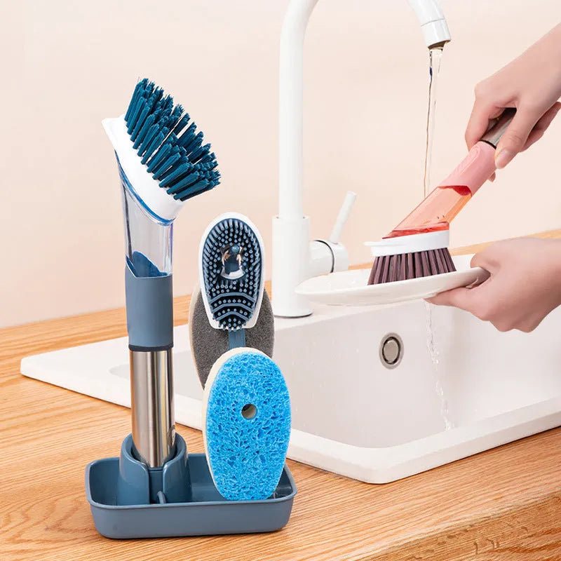 Multifunctional kitchen cleaning brush with built-in soap dispenser and long handle