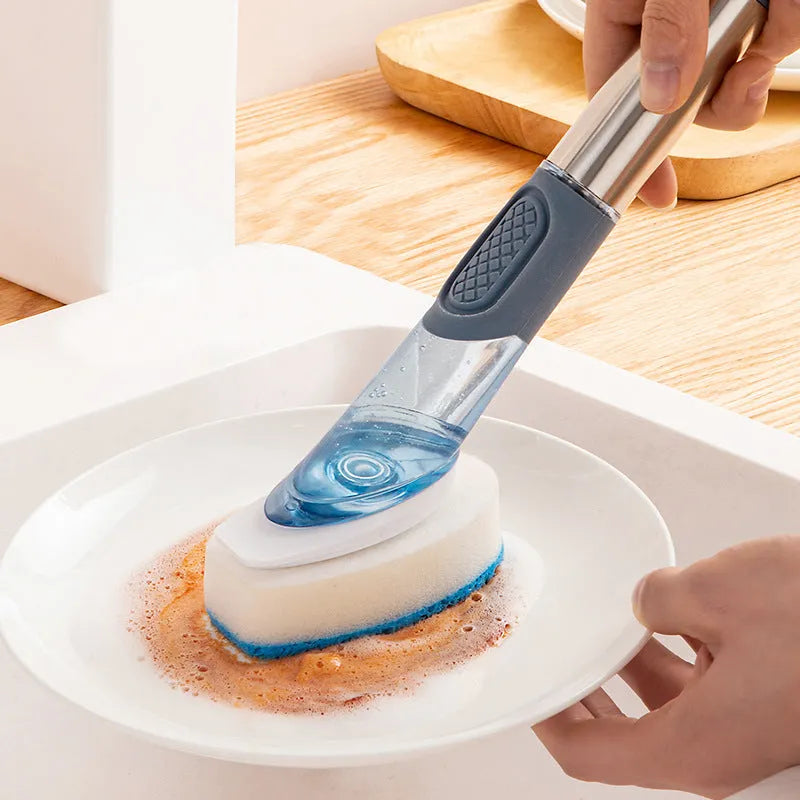 Multifunctional kitchen cleaning brush with built-in soap dispenser and long handle