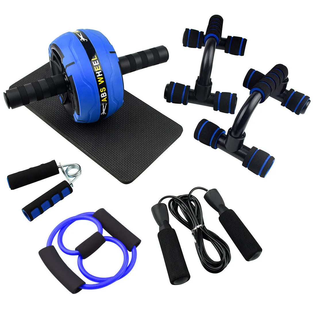 AB Power abdominal fitness machine with a metal push-up bar and a set of coloured resistance bands.