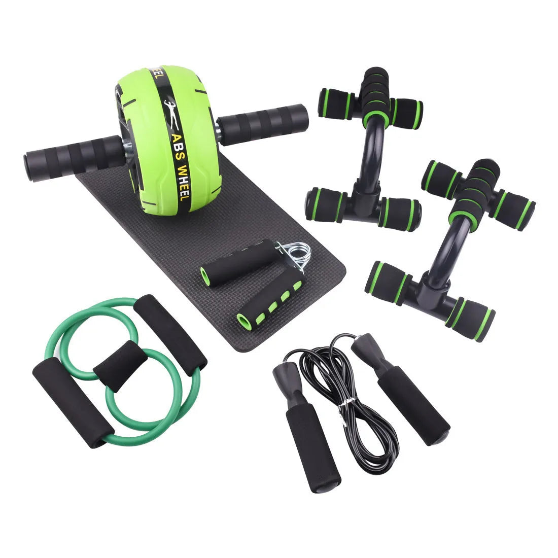 AB Power abdominal fitness machine with a metal push-up bar and a set of coloured resistance bands.