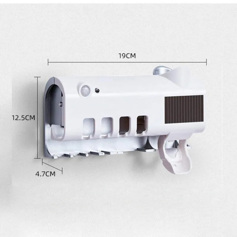 Smart UV toothbrush steriliser with automatic toothpaste squeezer in wall-mounted white design