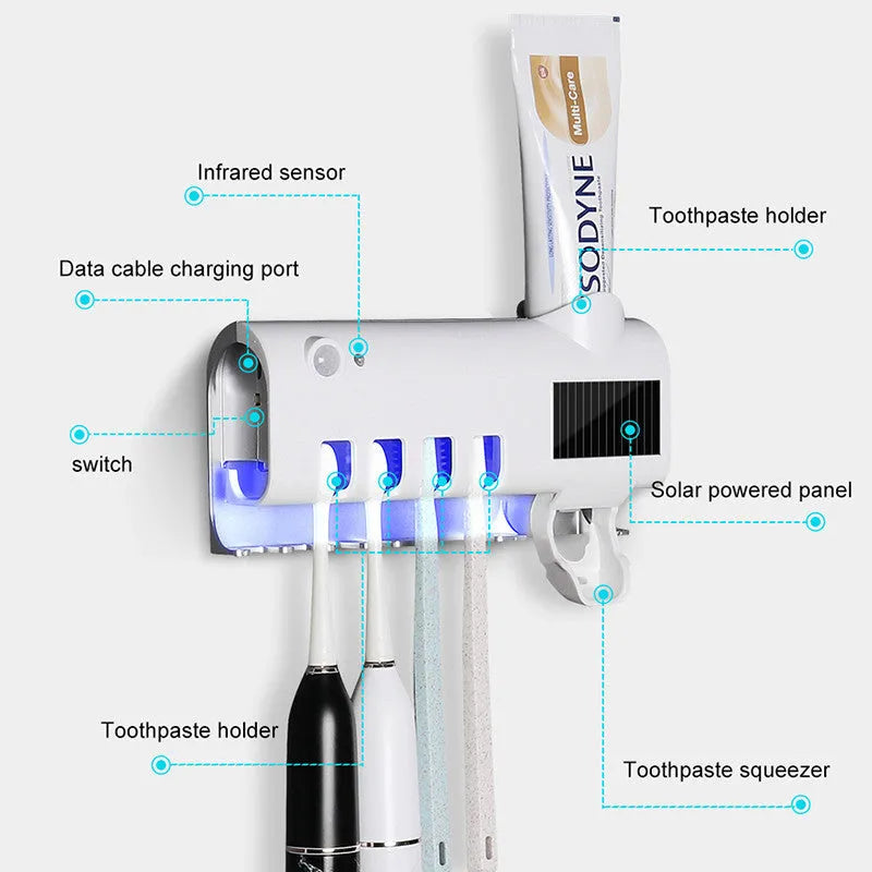Smart UV toothbrush steriliser with automatic toothpaste squeezer in wall-mounted white design
