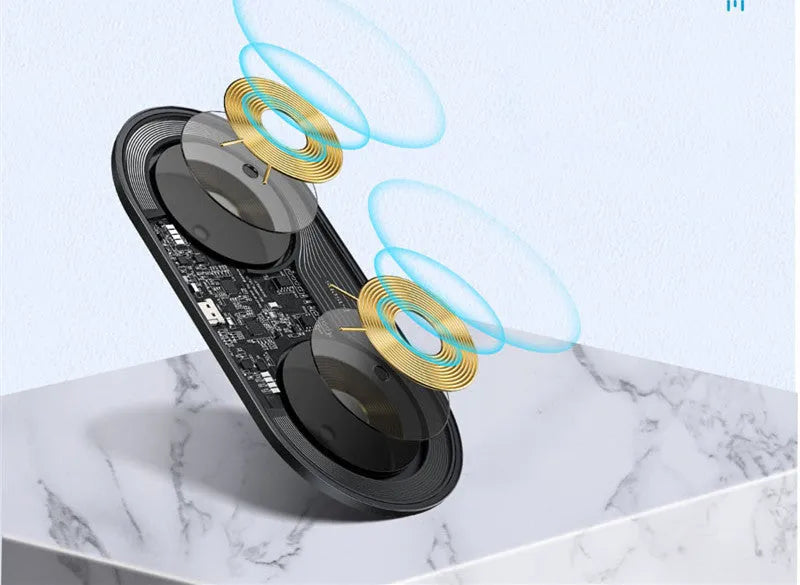 Baseus Minimalist two-in-one wireless charger in transparent colour showing phone on pad and AirPods case on magnetic spot.