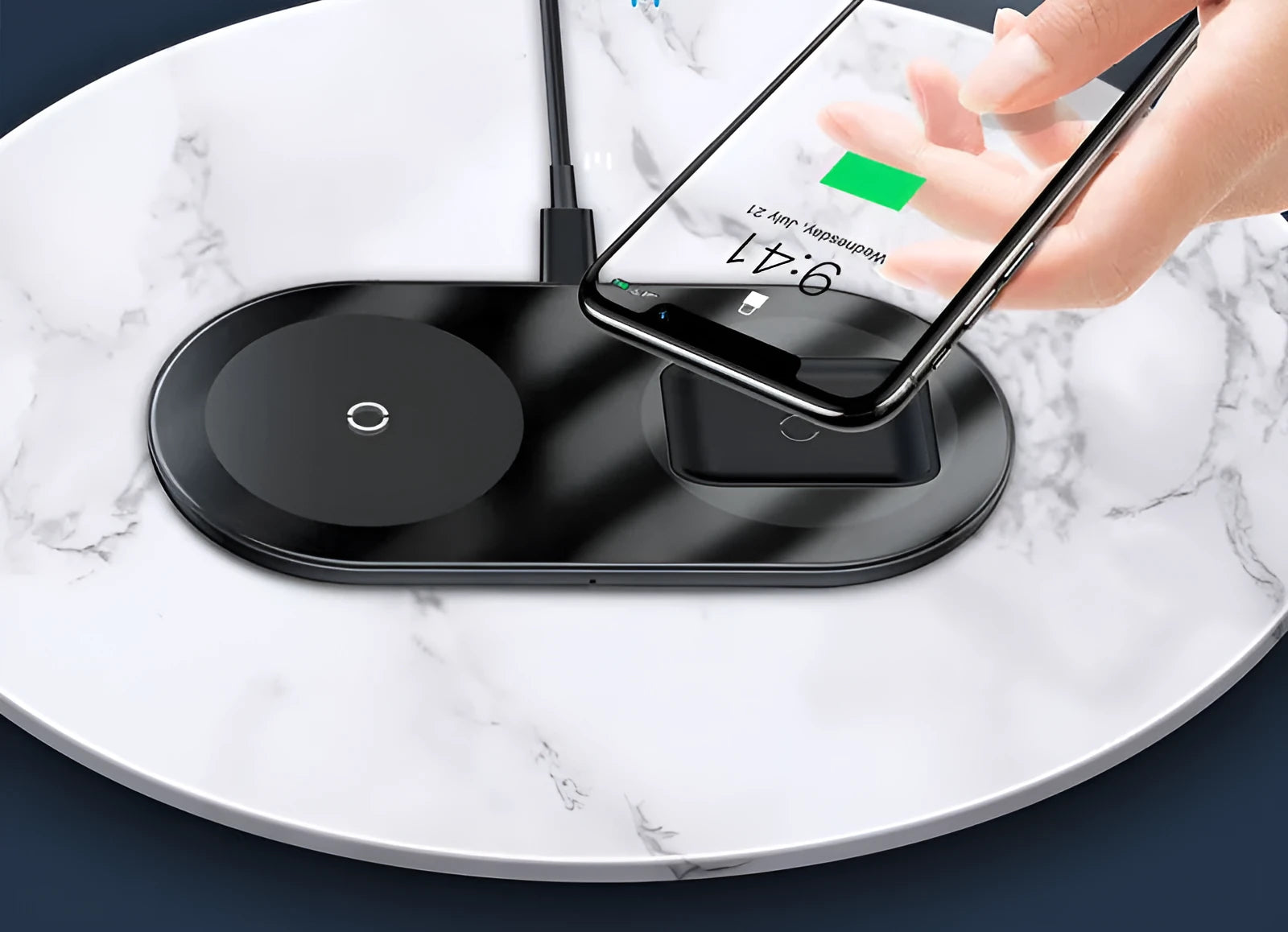 Baseus Minimalist two-in-one wireless charger in transparent colour showing phone on pad and AirPods case on magnetic spot.