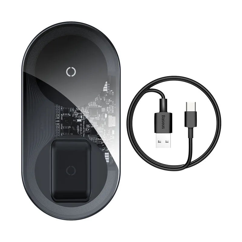 Baseus Minimalist two-in-one wireless charger in transparent colour showing phone on pad and AirPods case on magnetic spot.