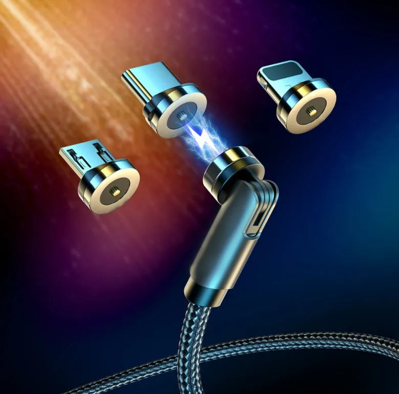 Essager 360-degree rotate magnetic USB-C charging cable with nylon braid, blue LED indicator, and aluminium alloy connector in black