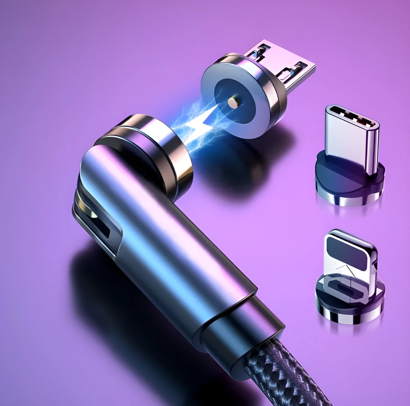 Essager 360-degree rotate magnetic USB-C charging cable with nylon braid, blue LED indicator, and aluminium alloy connector in black