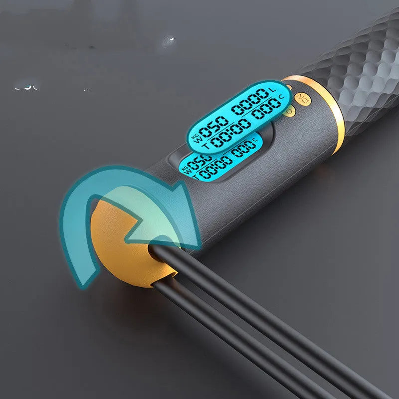 Intelligent counting skipping rope with ABS handle and weight-bearing balls on black yellow background