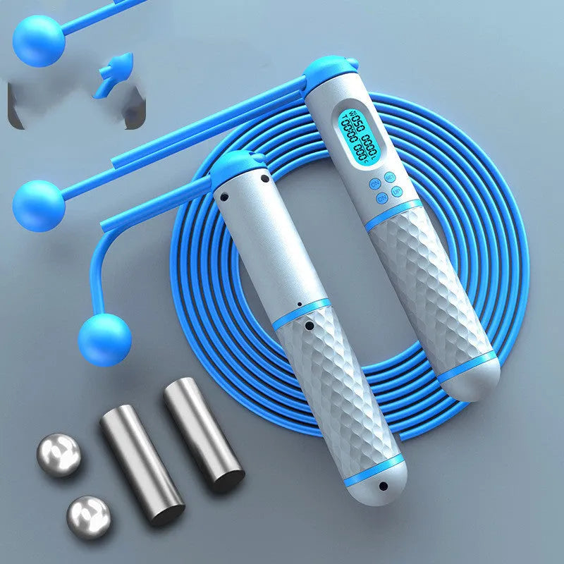 Intelligent counting skipping rope with ABS handle and weight-bearing balls on black yellow background