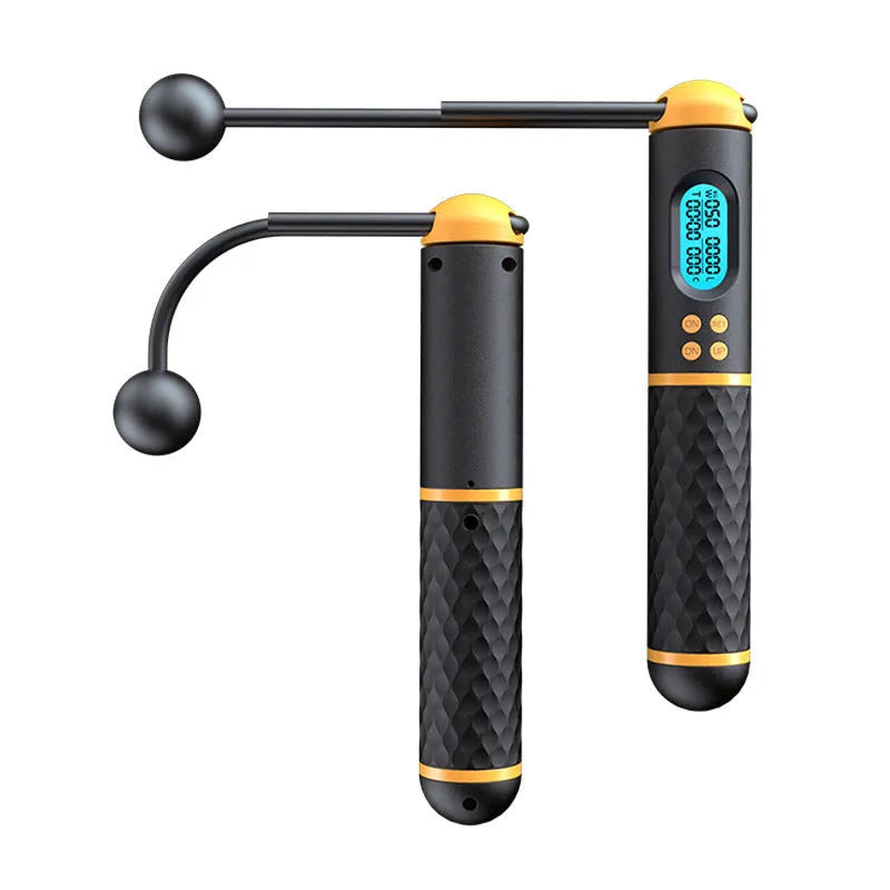 Intelligent counting skipping rope with ABS handle and weight-bearing balls on black yellow background