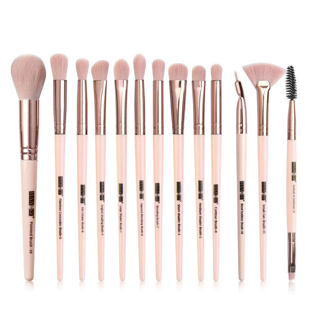 13 piece eye makeup brush set with corrugated silk nylon bristles and portable plastic handles in rose gold colour