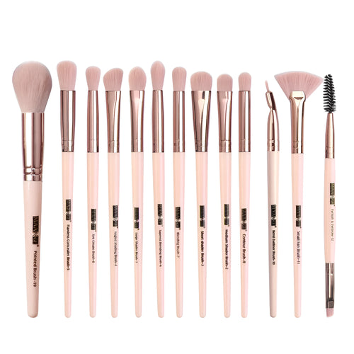 13 piece eye makeup brush set with corrugated silk nylon bristles and portable plastic handles in rose gold colour