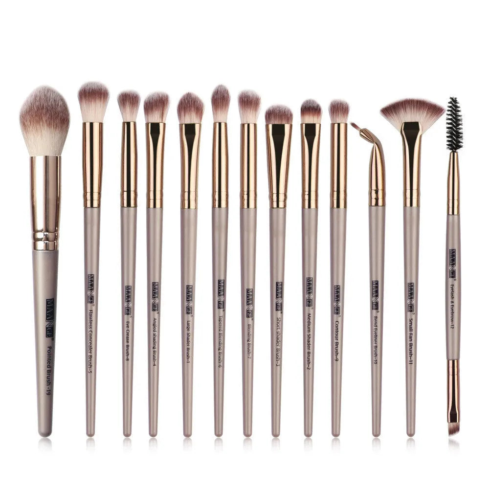 13 piece eye makeup brush set with corrugated silk nylon bristles and portable plastic handles in rose gold colour