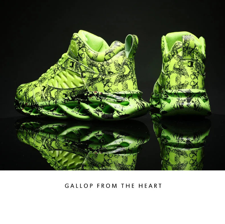 Men's high-top basketball shoes in a camouflage pattern with a rubber sole.