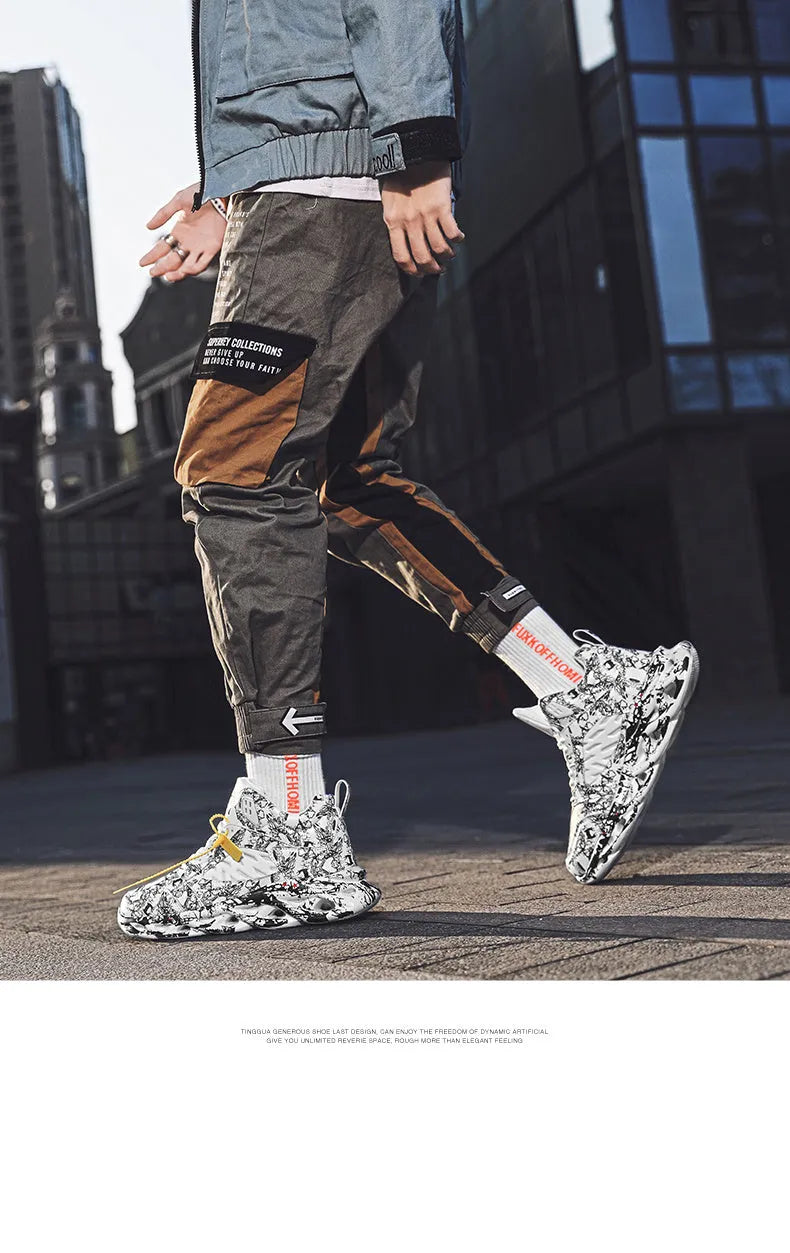 Men's high-top basketball shoes in a camouflage pattern with a rubber sole.