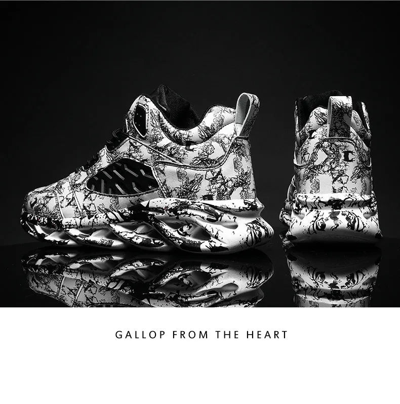 Men's high-top basketball shoes in a camouflage pattern with a rubber sole.