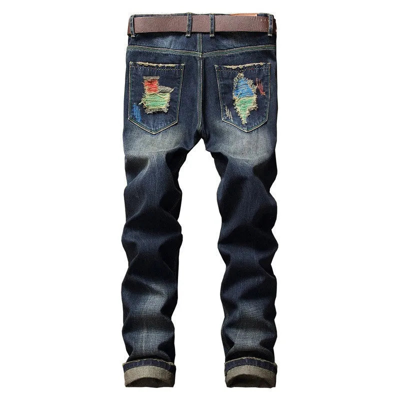 Men's dark blue ripped straight-leg cotton jeans with distressed, embroidered, and worn-out washed details, mid-waist, sizes 28-42