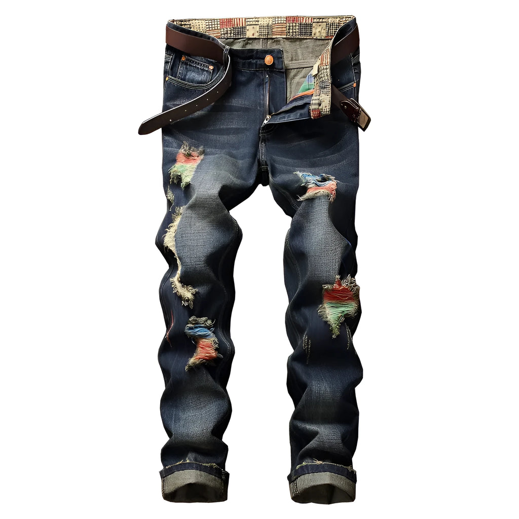 Men's dark blue ripped straight-leg cotton jeans with distressed, embroidered, and worn-out washed details, mid-waist, sizes 28-42