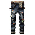 Men's dark blue ripped straight-leg cotton jeans with distressed, embroidered, and worn-out washed details, mid-waist, sizes 28-42