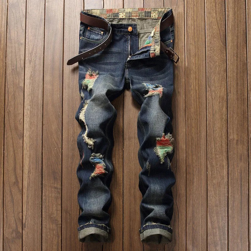 Men's dark blue ripped straight-leg cotton jeans with distressed, embroidered, and worn-out washed details, mid-waist, sizes 28-42