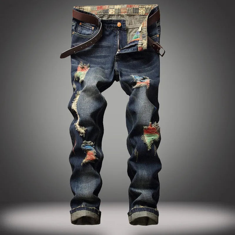 Men's dark blue ripped straight-leg cotton jeans with distressed, embroidered, and worn-out washed details, mid-waist, sizes 28-42