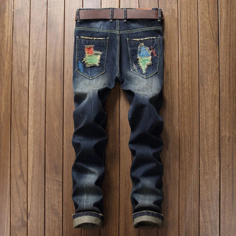 Men's dark blue ripped straight-leg cotton jeans with distressed, embroidered, and worn-out washed details, mid-waist, sizes 28-42