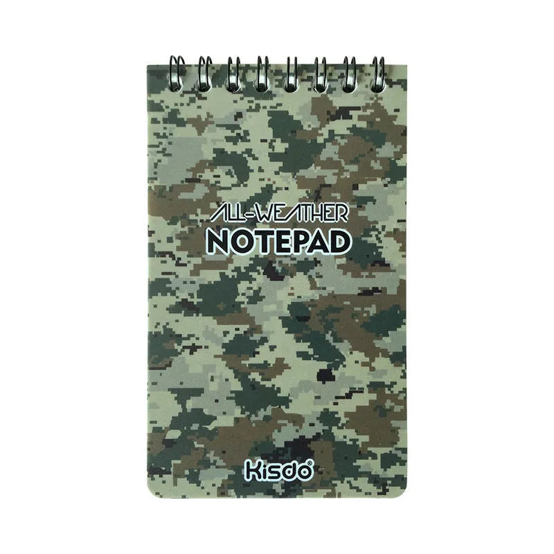 A5 spiral-bound waterproof notepad with PP cover and stone paper, shown in camouflage colour option.