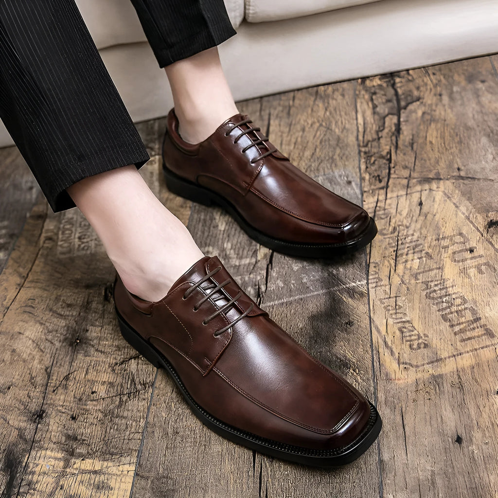 Men's black square toe business casual leather shoes with low-top design and rubber soles