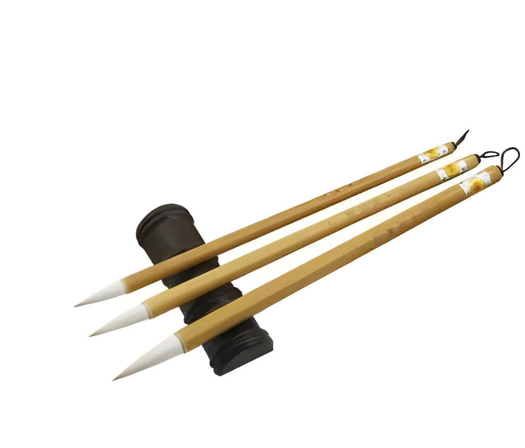 Three pure wool hair Chinese writing brushes with bamboo shafts in large, medium and small sizes