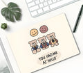 Cartoon girl and character design rubber mouse pad on a desk, dimensions 260mm by 210mm.