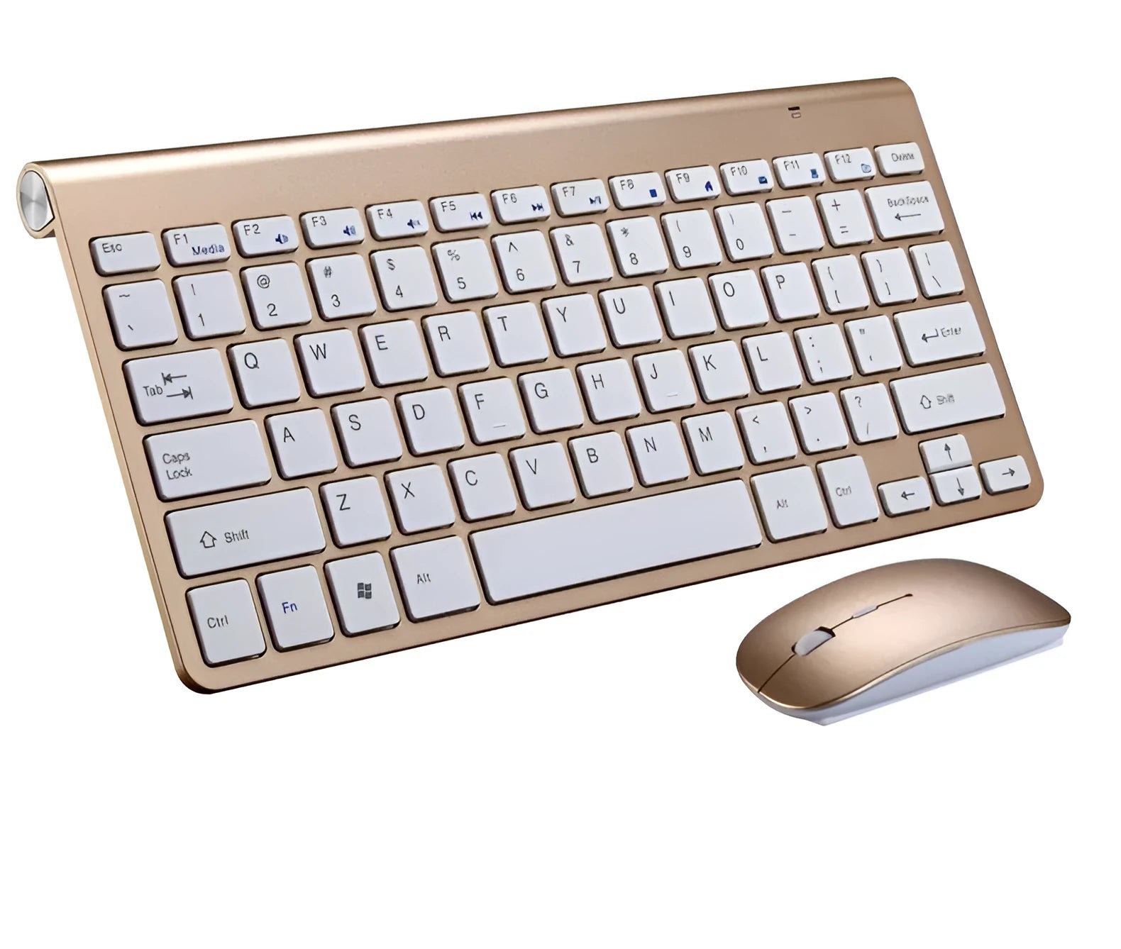 Wireless keyboard and mouse set with slim 10mm keyboard in gold colour on white background
