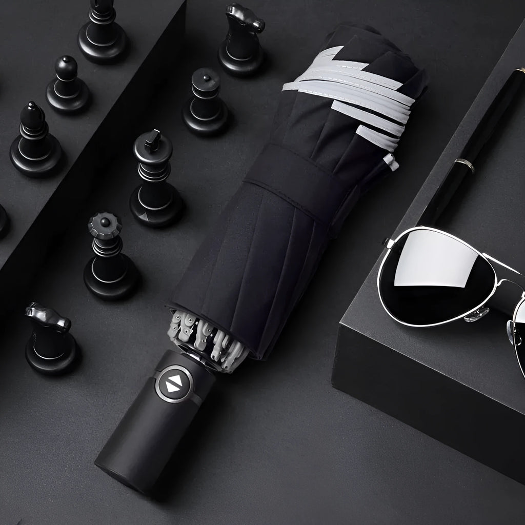 Black automatic reverse umbrella with reflective business cloth and plastic non-slip handle