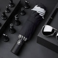 Black automatic reverse umbrella with reflective business cloth and plastic non-slip handle