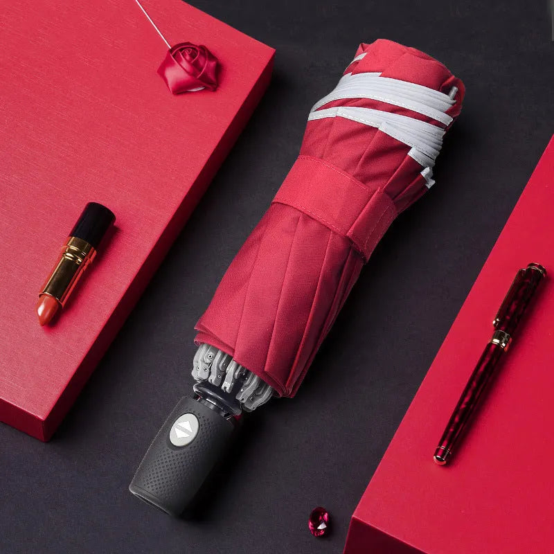 Black automatic reverse umbrella with reflective business cloth and plastic non-slip handle