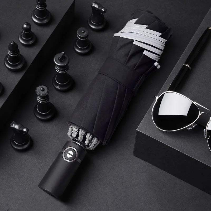 Black automatic reverse umbrella with reflective business cloth and plastic non-slip handle