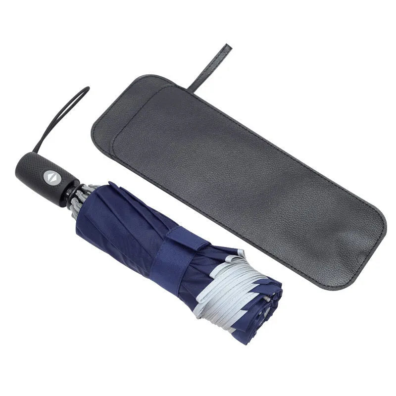 Black automatic reverse umbrella with reflective business cloth and plastic non-slip handle