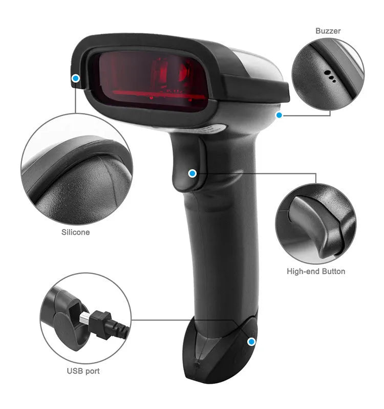 Black wireless handheld laser barcode scanner model 6900 with USB cable