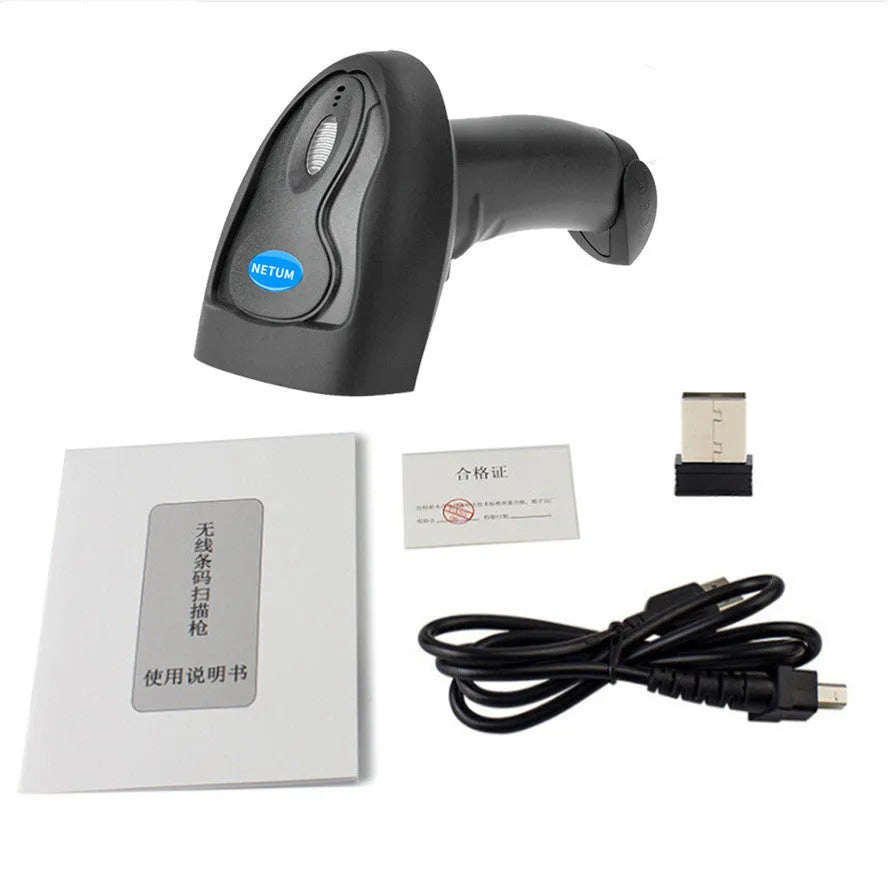 Black wireless handheld laser barcode scanner model 6900 with USB cable