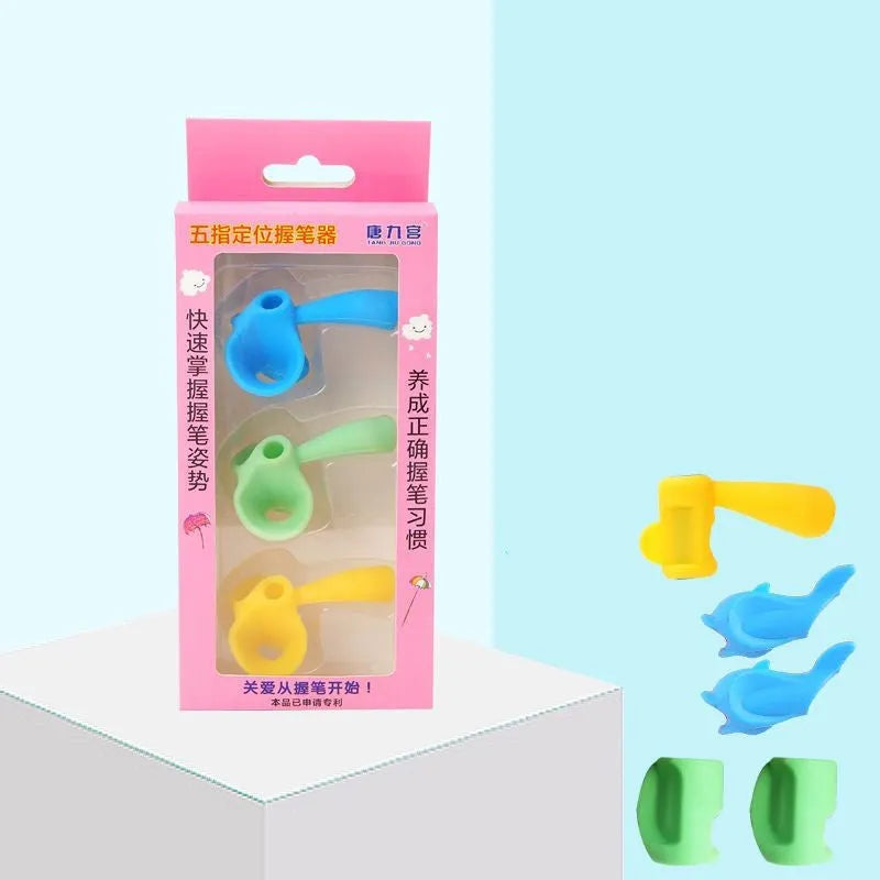 Silicone pencil grip with finger guides for child's thumb, index, and middle finger in tripod position.