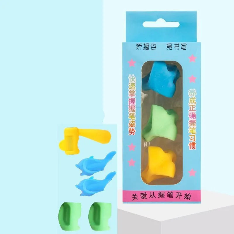 Silicone pencil grip with finger guides for child's thumb, index, and middle finger in tripod position.
