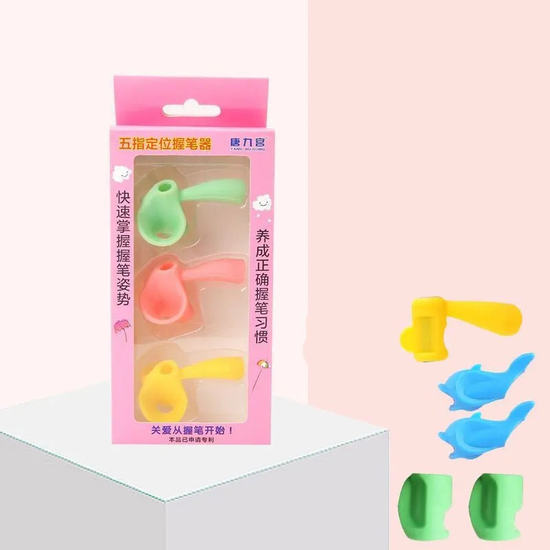 Silicone pencil grip with finger guides for child's thumb, index, and middle finger in tripod position.